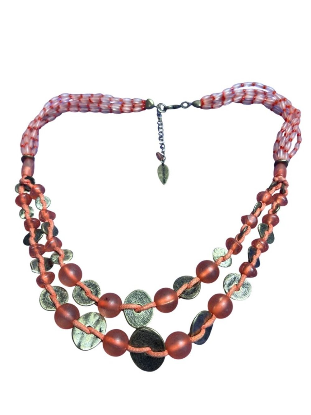 Coldwater Creek Orange Red Plastic Beaded Necklace Brass Color Disks 19-21 inch